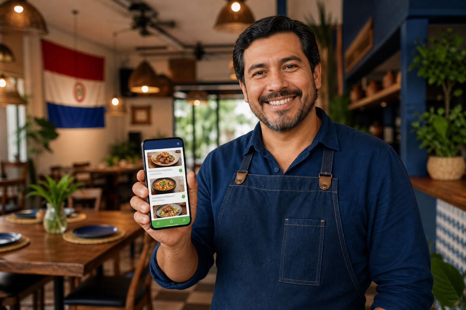 Dueño de restaurante usando menú digital Ápe! Pedidos